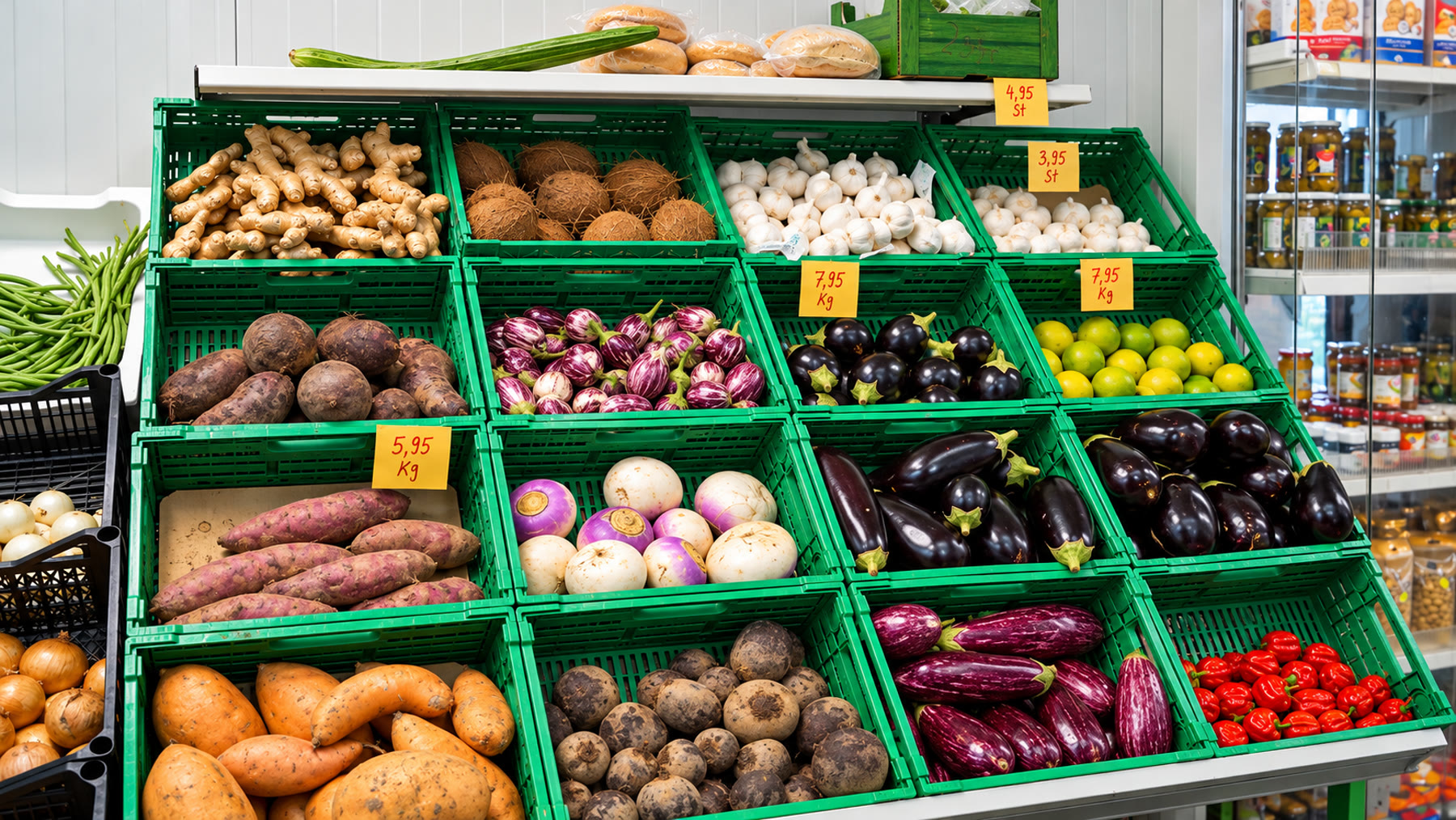 Grüne Kisten mit Ingwer, Knoblauch, Auberginen und Süsskartoffeln