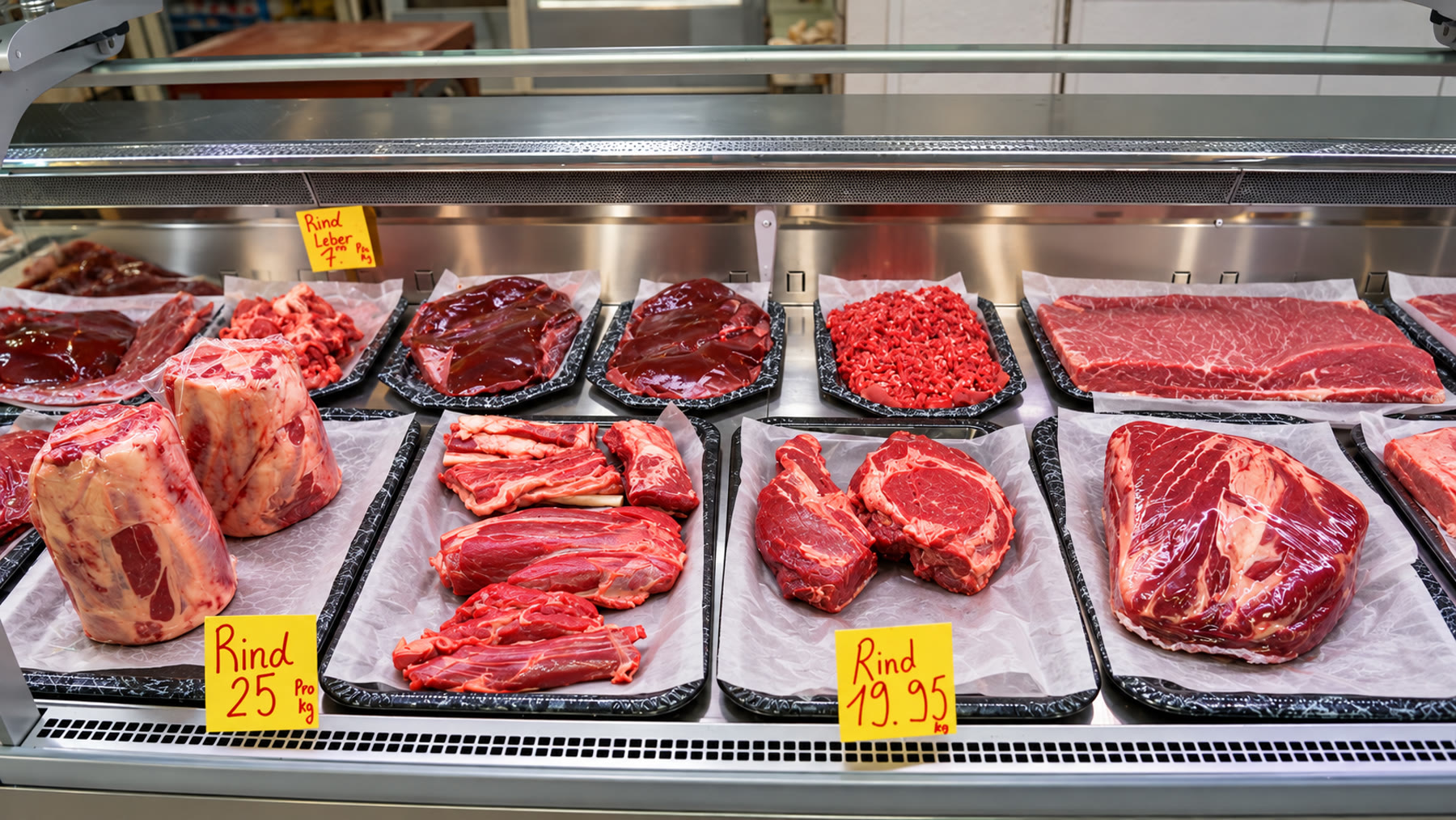 Fleischtheke mit Rindfleisch, Leber und Hackfleisch