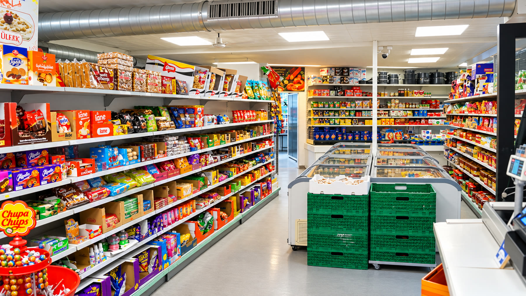 Ladengang mit Snacks, Tiefkühltruhen und Kochtöpfen